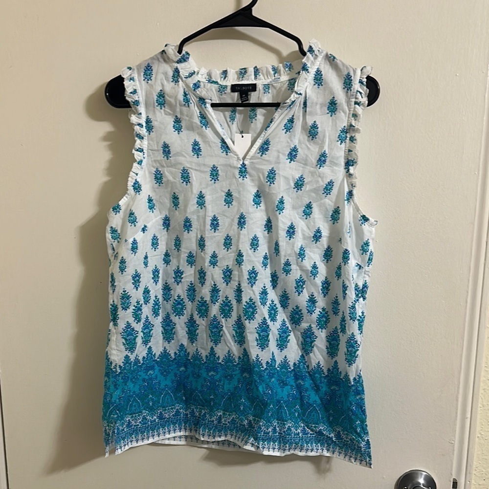 NWT Talbots Sleeveless Damask Ruffled Cotton Top